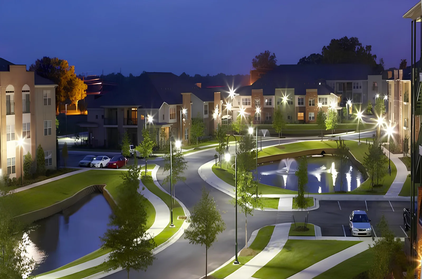 Indigo Park Apartments at dusk